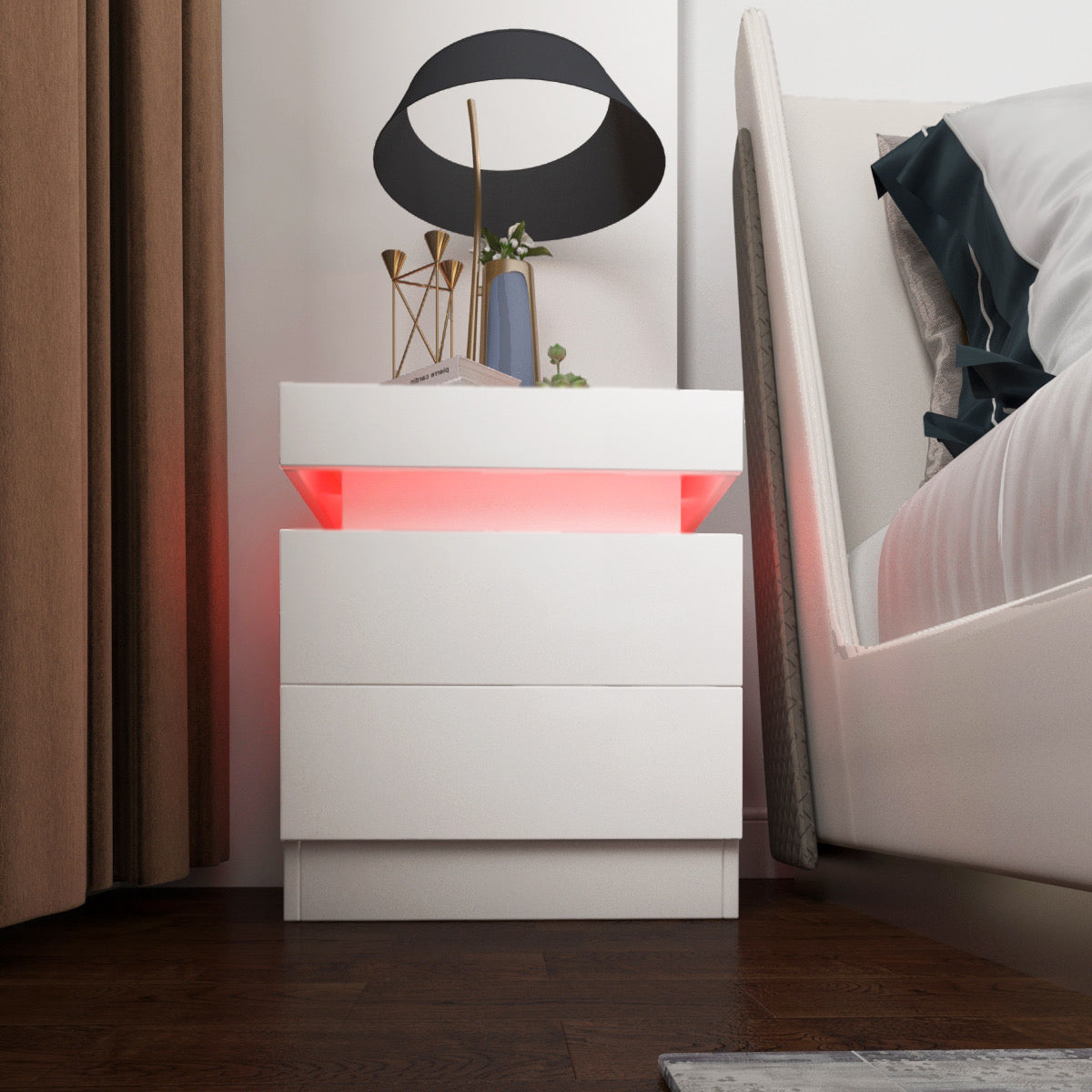 Bedside Tables Side Table Drawers RGB LED High Gloss Nightstand Storage Cabinet