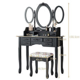 Dressing Table Set w/Makeup Desk & Stool Tri-Folding Vanity Mirror Drawers Black