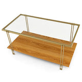 Coffee Table Rectangle Glass Top Wood Bottom Storage Shelf Gold Steel