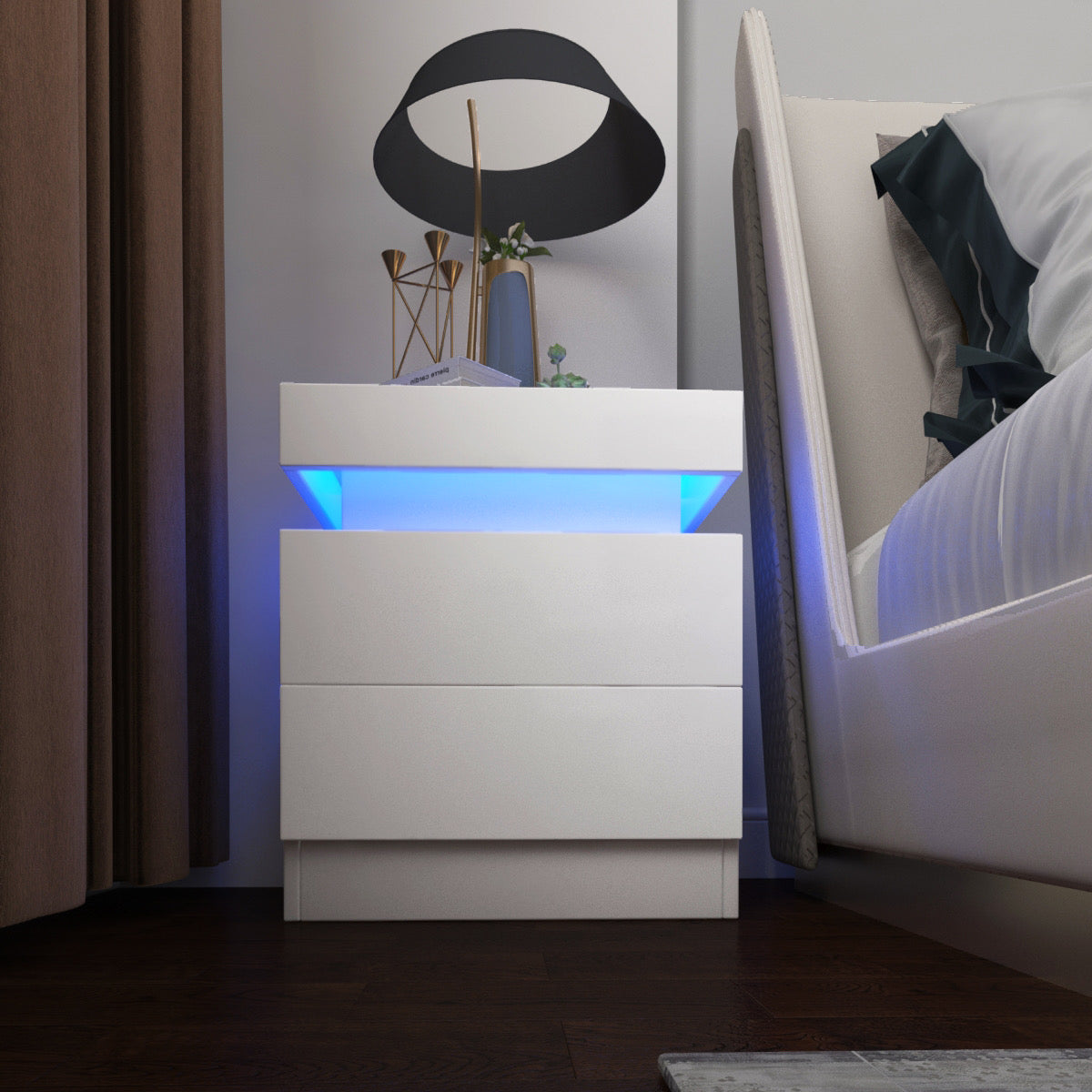 Bedside Tables Side Table Drawers RGB LED High Gloss Nightstand Storage Cabinet