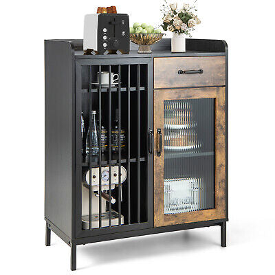 Bar Storage Cabinet Cupboard Kitchen Buffet Sideboard Metal Glass Doors Drawer