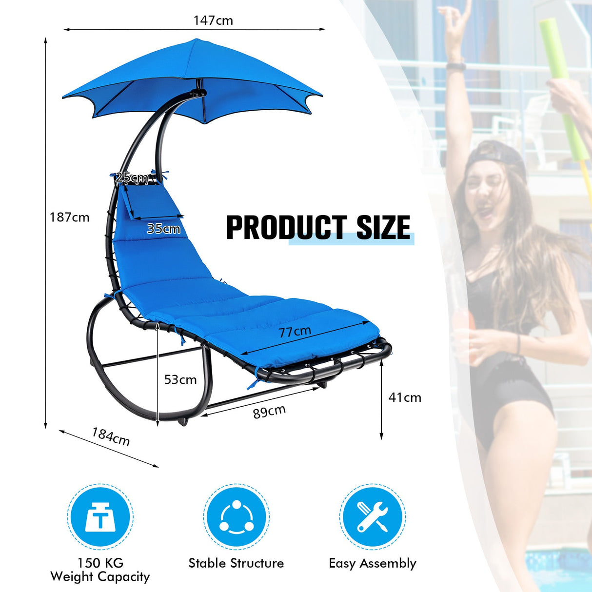 Hammock Chair Swing Lounger Chaise Outdoor Daybed w/ Pillow Canopy Stand Cushion