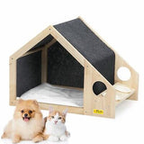 Pet Dog House Cat House Wooden Kennel Feeding Food Bowels Indoor Shelter Medium