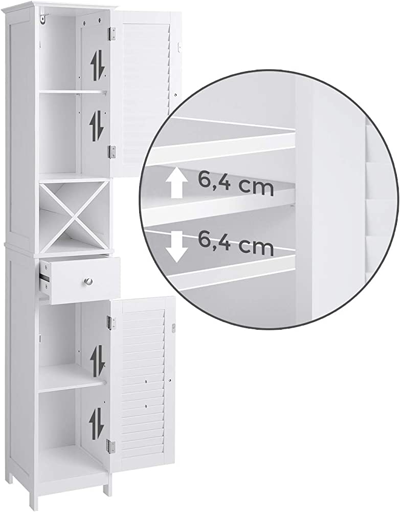 Bathroom Cabinet Tall Cabinet with 2 Slat Doors Storage Cabinet with Drawer Removable X-Shaped Shelf 32 x 30 x 170 cm Scandinavian Style White