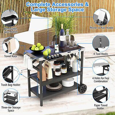 3-tier Mobile Food Prep Cart Table Outdoor Dining Cart w/Adjustable Shelf & Rack