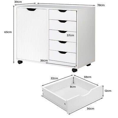 5-Drawer Storage Cabinet Mobile Printer Stand Dresser Wheel Modern White