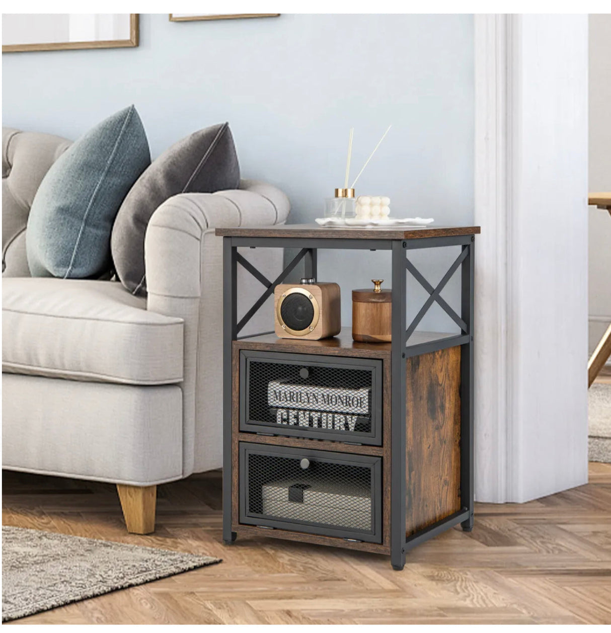 Industrial End Table Nightstand Set of 2 Wooden Bedside Sofa Side Table