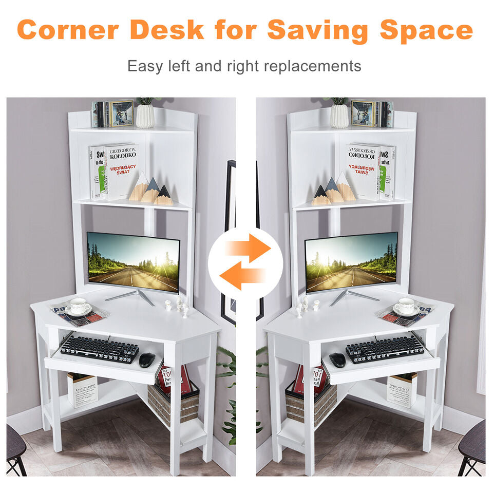 Corner Computer Desk Triangle Study Desk w/ Hutch & Keyboard Tray White