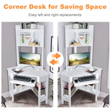 Corner Computer Desk Triangle Study Desk w/ Hutch & Keyboard Tray White