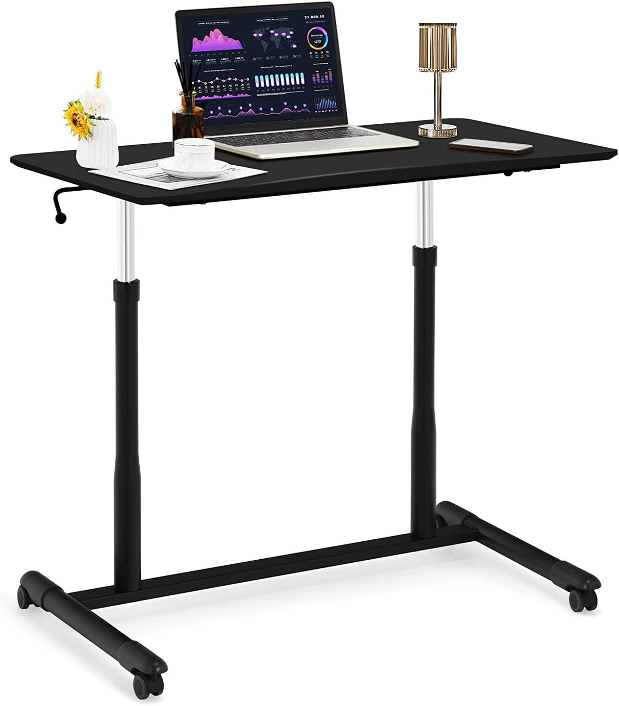 Mobile Height Adjustable Standing Desk, Compact Pneumatic Sit to Stand Up Computer Desk w/ Lockable Wheels, Ergonomic Rolling Laptop Table w/ Steel Frame for Home Office (Brown)