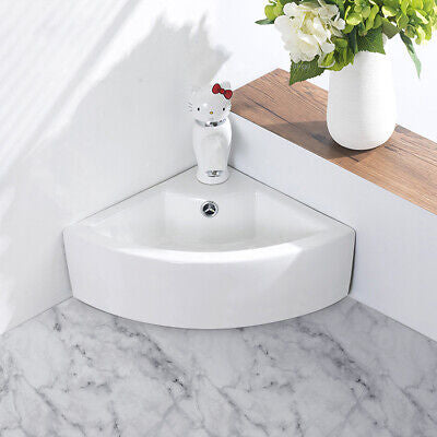 Bathroom Corner Ceramic Vessel Sink Wash Vanity Basin Bowl Counter Top White