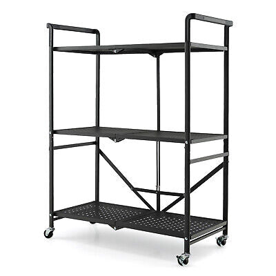 3-Tier Foldable Kitchen Cart Mobile Metal Organizer Rack Garage Storage Shelves