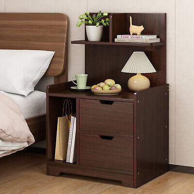 Tall Bed Side Table with Chest of Drawers and Shelf (Black Walnut)