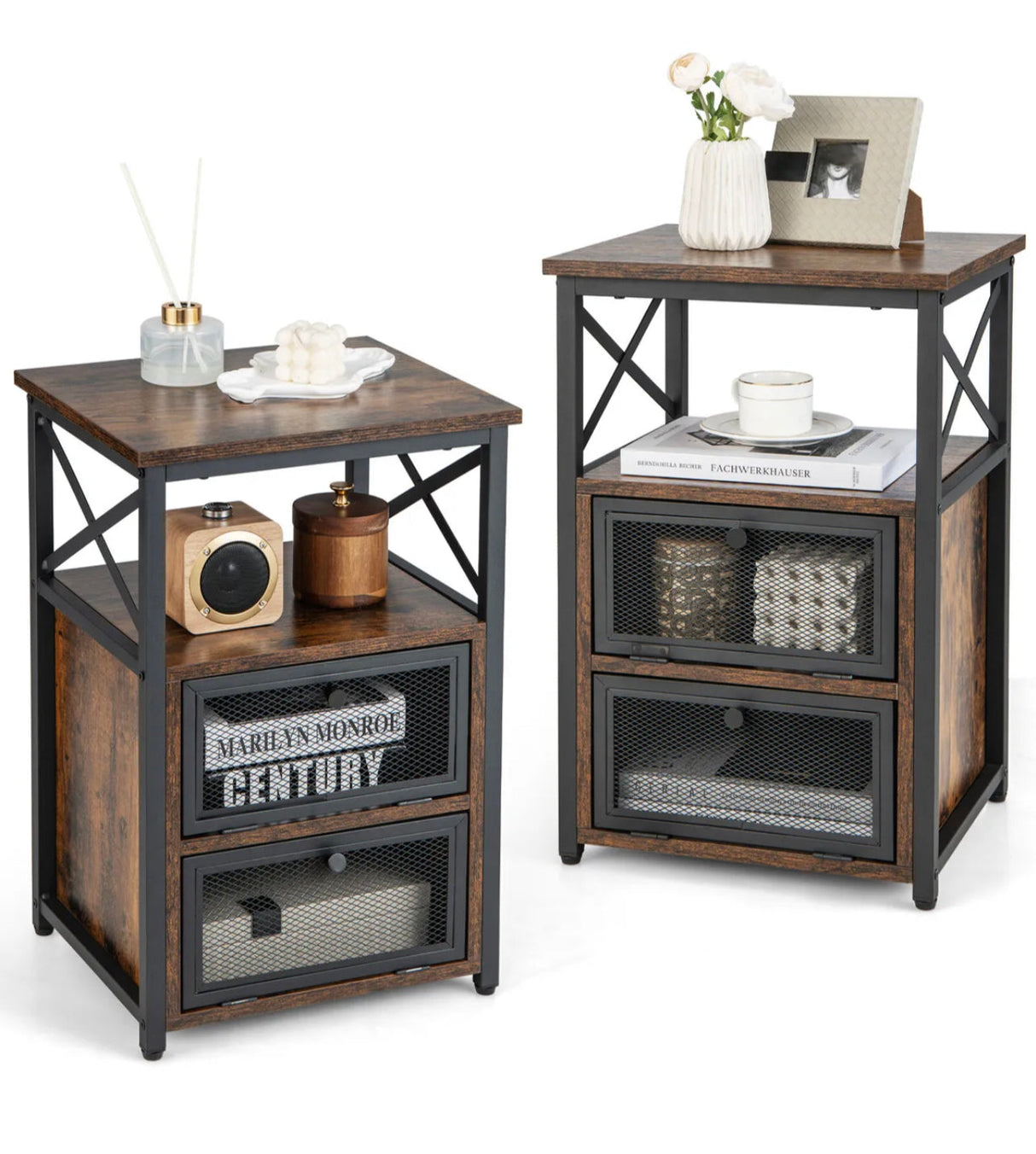 Industrial End Table Nightstand Set of 2 Wooden Bedside Sofa Side Table