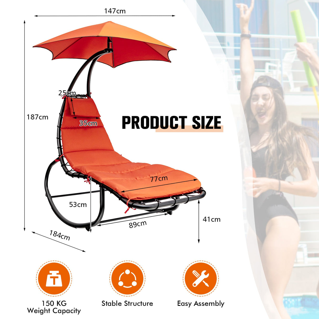 Hammock Chair Swing Lounger Chaise Outdoor Daybed w/ Pillow Canopy Stand Cushion