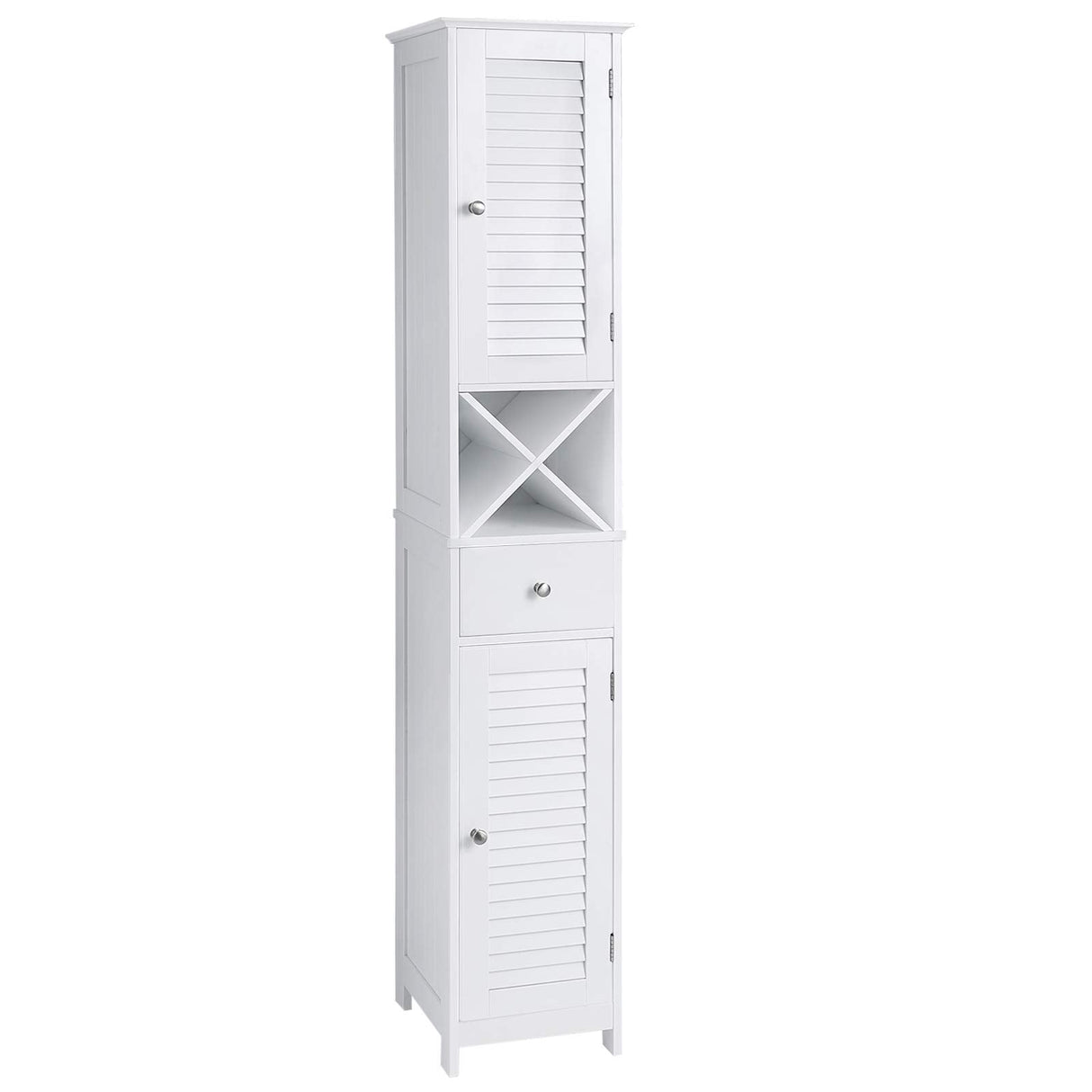 Bathroom Cabinet Tall Cabinet with 2 Slat Doors Storage Cabinet with Drawer Removable X-Shaped Shelf 32 x 30 x 170 cm Scandinavian Style White