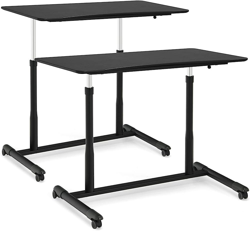 Mobile Height Adjustable Standing Desk, Compact Pneumatic Sit to Stand Up Computer Desk w/ Lockable Wheels, Ergonomic Rolling Laptop Table w/ Steel Frame for Home Office (Brown)