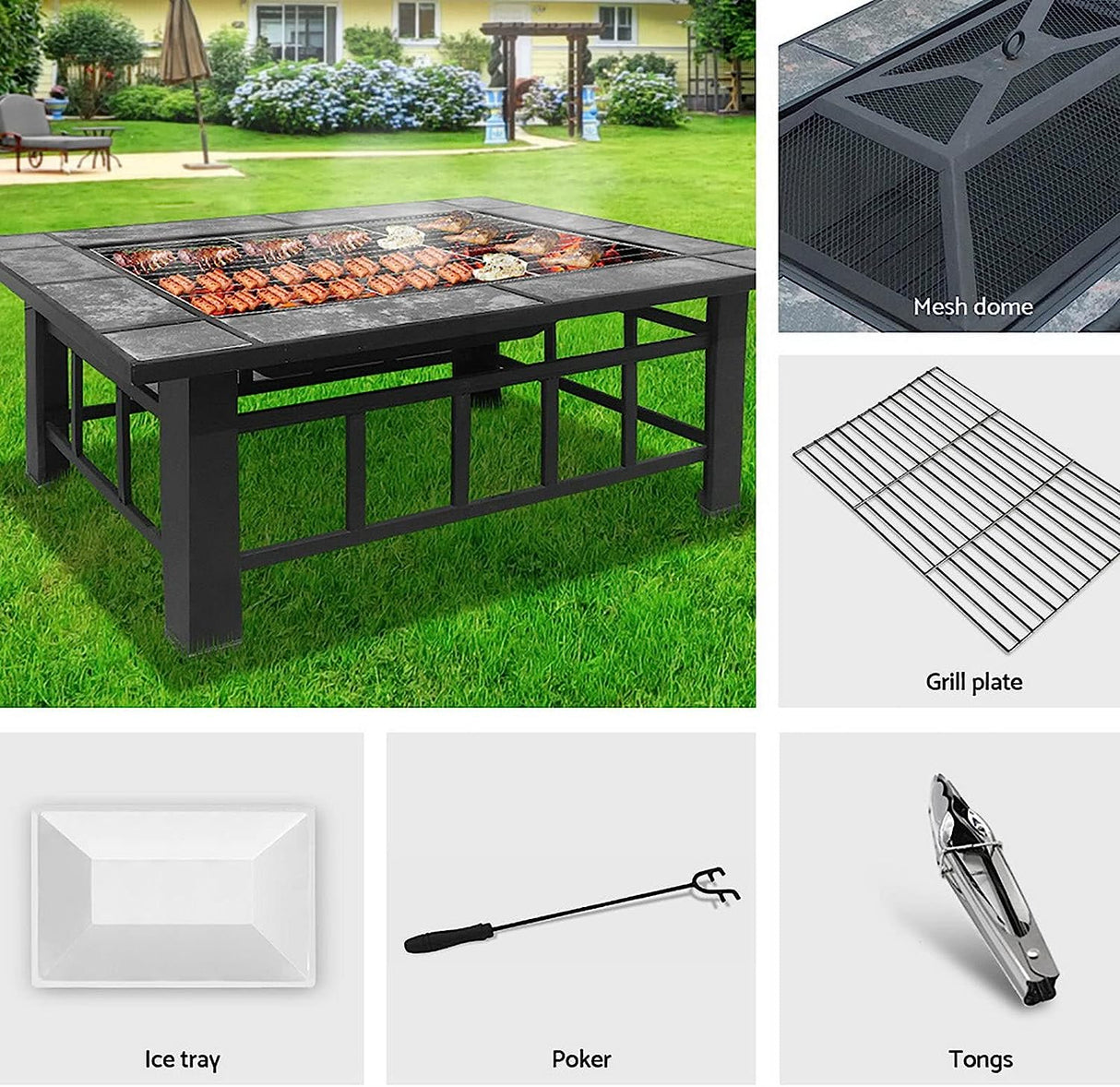 Outdoor Fire Pit BBQ Table Grill Fireplace w/Ice Tray Barbecue Picnic Heater Desk Garden Patio Camping Cooker Brazier