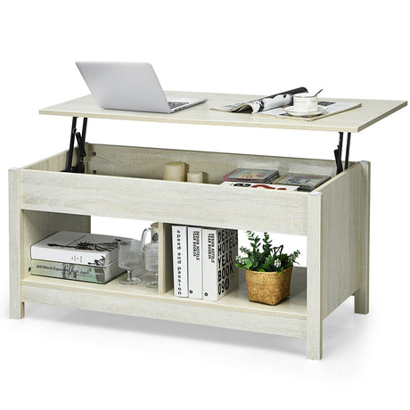 Lift Up Top Coffee Table Modern Open & Hidden Storage Shelf Ivory/Black