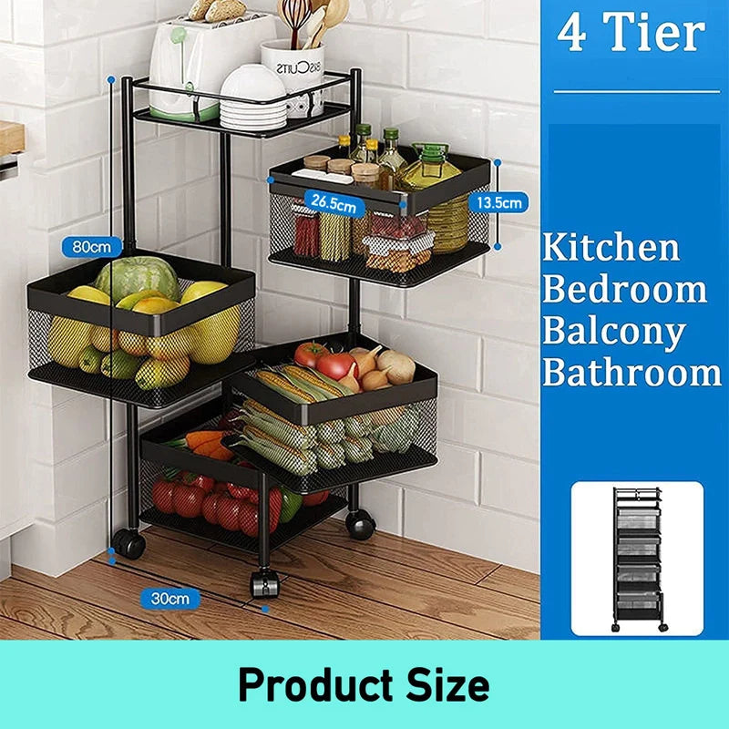 4 Tier Kitchen Trolley Storage Vegetable Rotating Basket Rack Organiser Holder