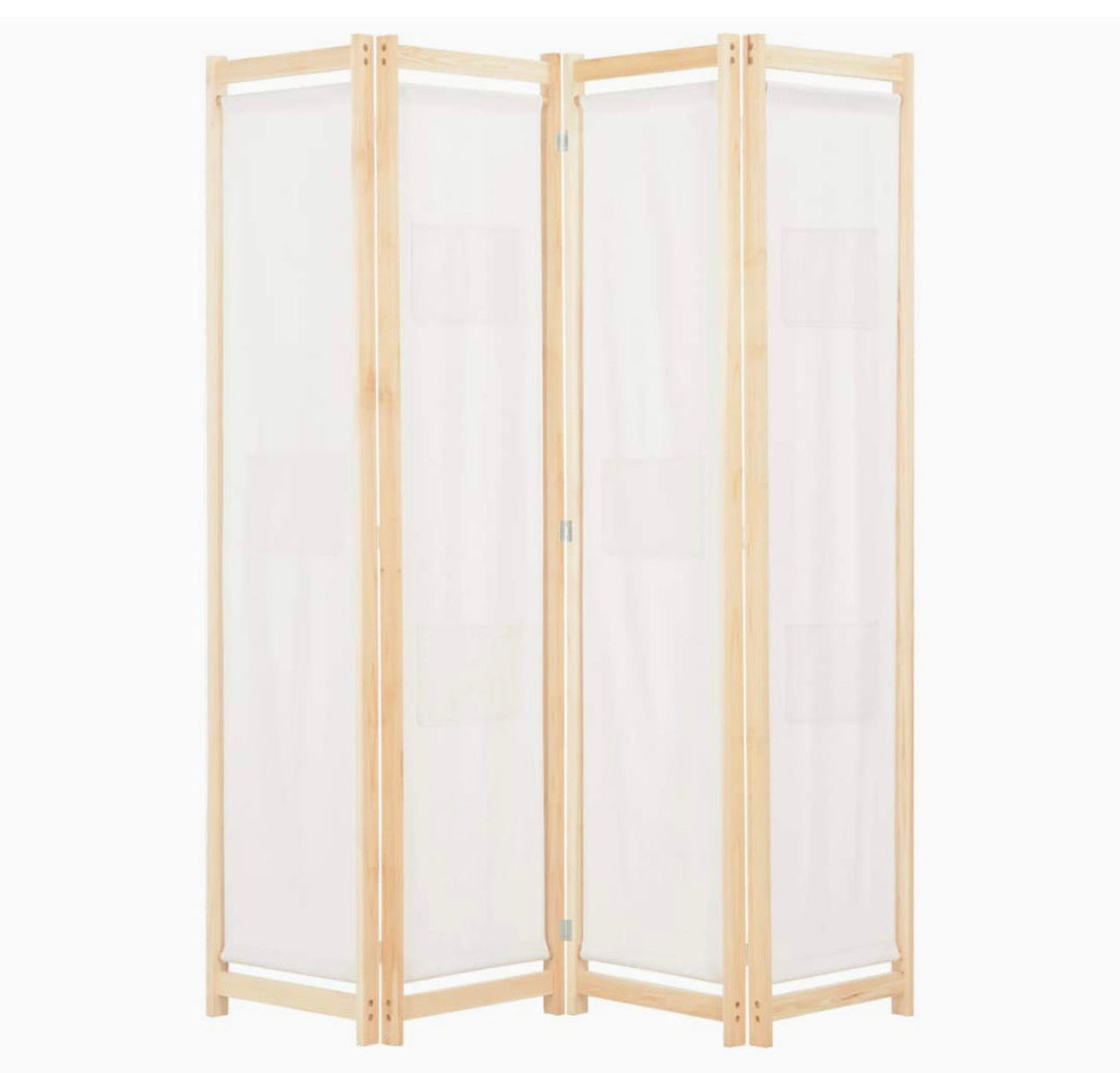 4-Panel Room Divider Wood Frame with 6 Bags Freestanding Fabric Folding Screen Partition Private Dressing Area Cream 160x170x4cm