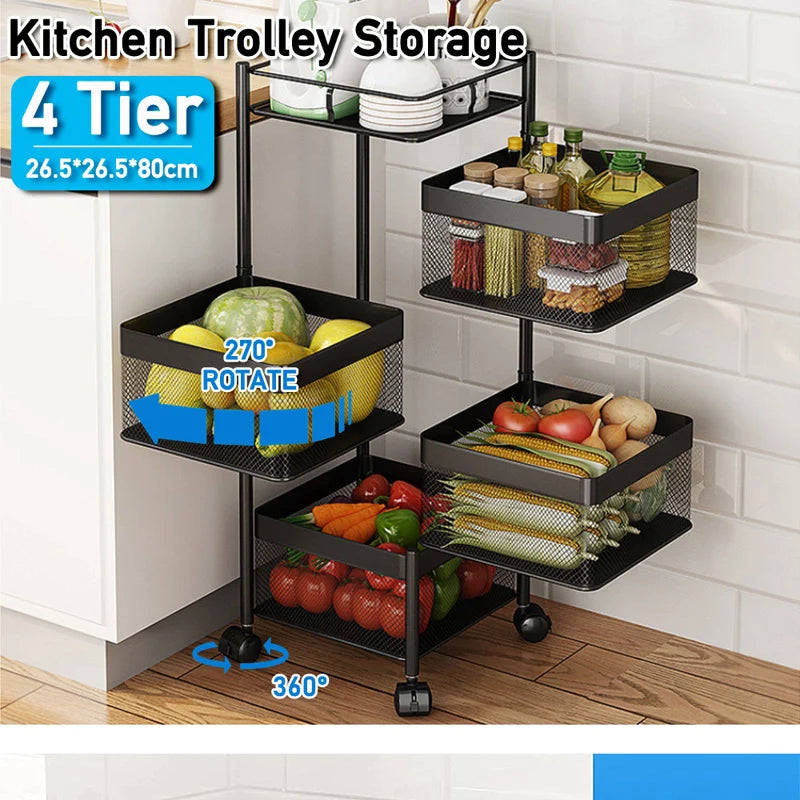 4 Tier Kitchen Trolley Storage Vegetable Rotating Basket Rack Organiser Holder