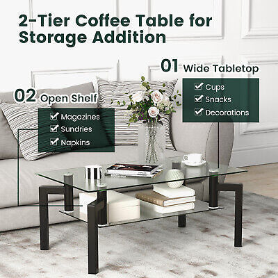 Glass Coffee Table 2-Tier Tempered Accent Table W/ Metal Tube Legs Living Room