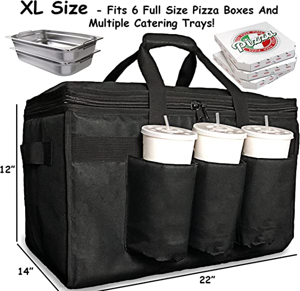 Insulated Food Delivery Bag with Cup Holders / Drink Carriers Premium XXL, Great for Beverages, Grocery, Pizza, Commercial Quality Hot and Cold (XL Pro), Black, 1, Xl Pro