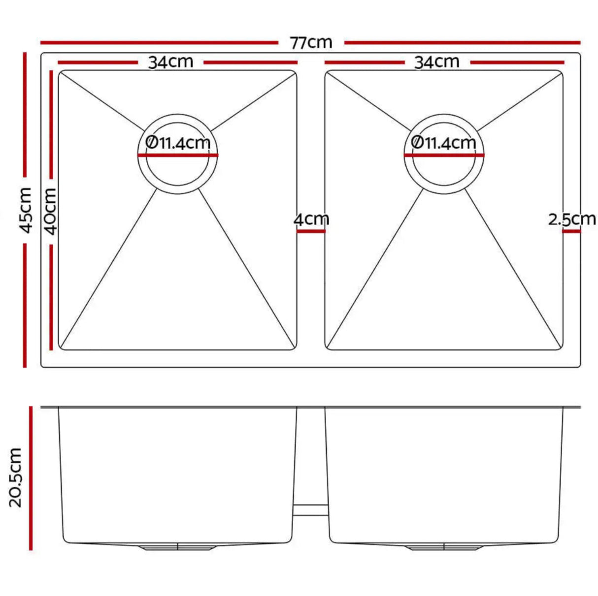 Stainless Steel Kitchen Sink Under/Topmount Laundry Double Bowl 770X450MM