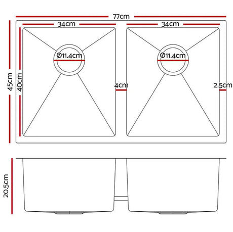 Stainless Steel Kitchen Sink Under/Topmount Laundry Double Bowl 770X450MM