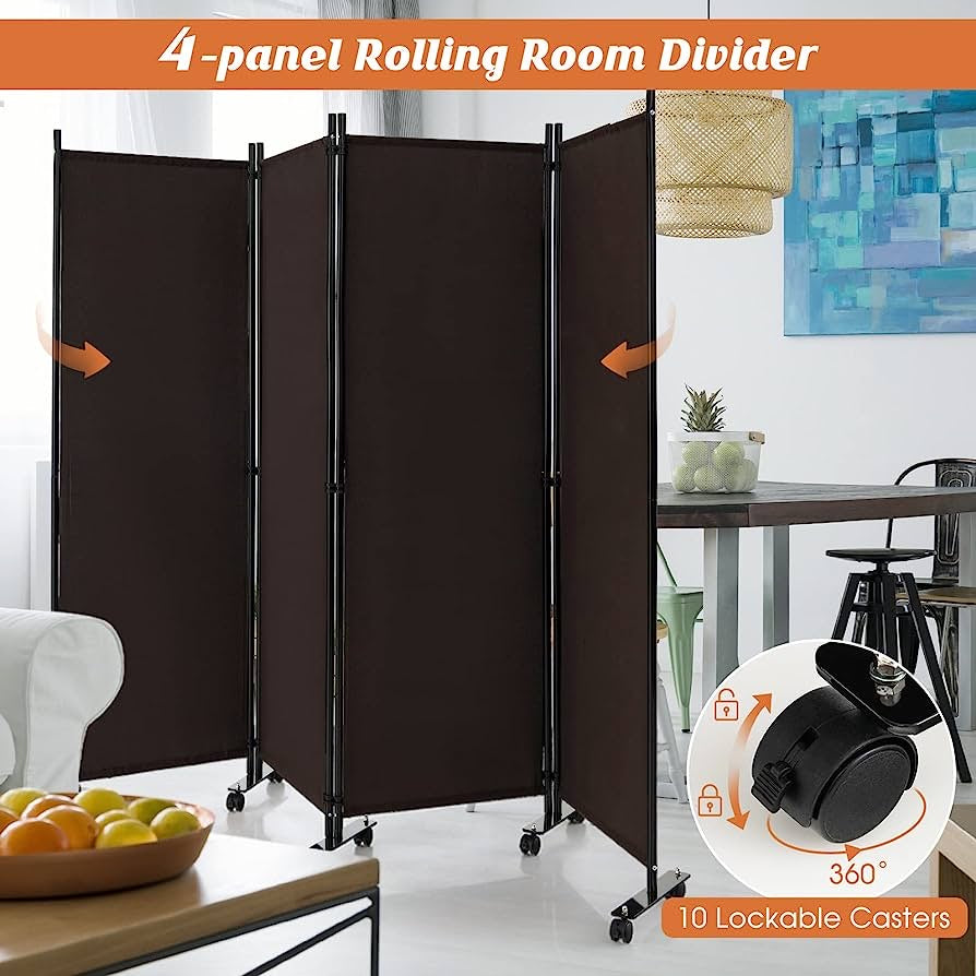 4-Panel Folding Room Divider, 1.73m Rolling Privacy Screen with Lockable Wheels, Portable Wall Divider and Separator, Freestanding Privacy Protection for Living Room, Bedroom, Office