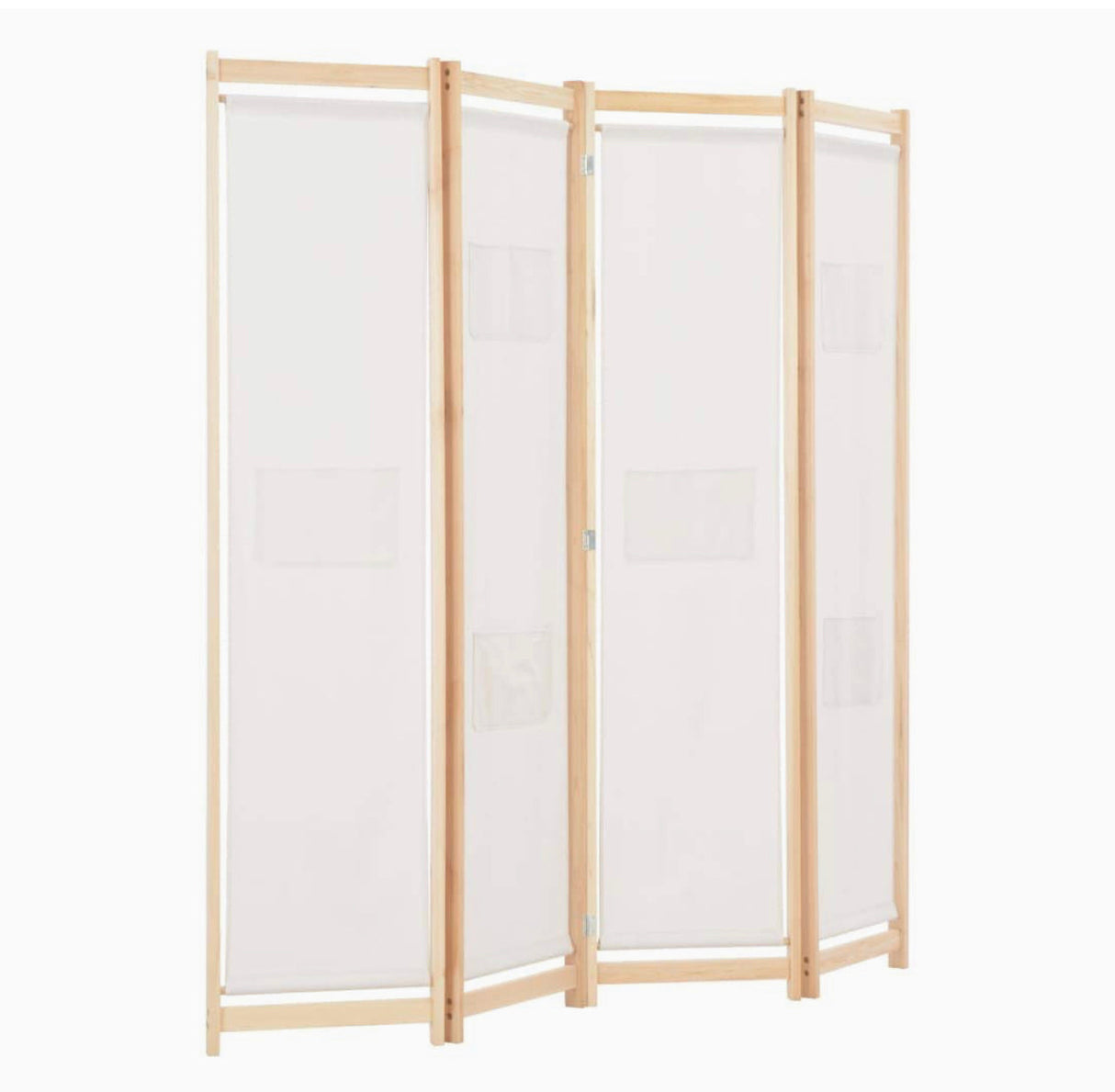 4-Panel Room Divider Wood Frame with 6 Bags Freestanding Fabric Folding Screen Partition Private Dressing Area Cream 160x170x4cm