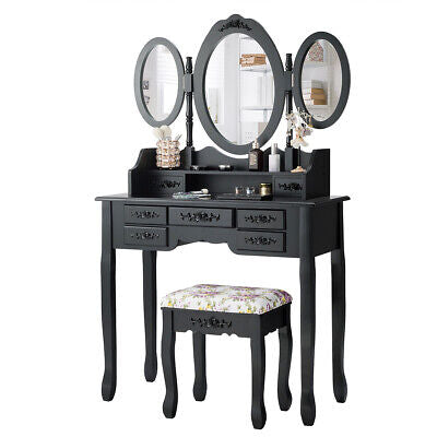 Dressing Table Set w/Makeup Desk & Stool Tri-Folding Vanity Mirror Drawers Black