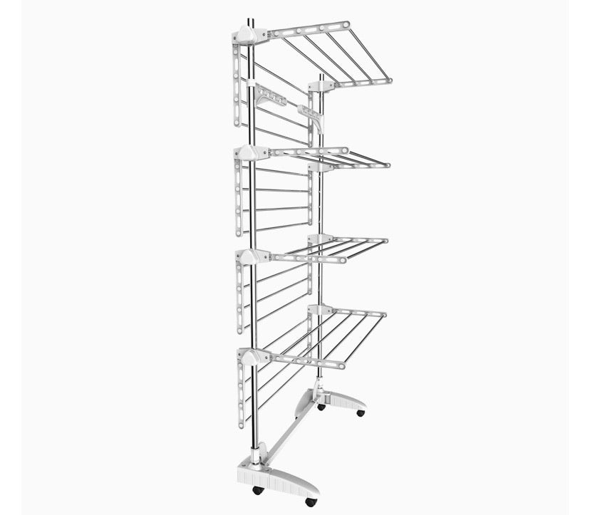 Laundry Drying Rack, Clothes Airer - Material: Stainless Steel Tubes - Maximum Load: 6.7 lbs per Support bar - 4 Shelves, White, with Wings