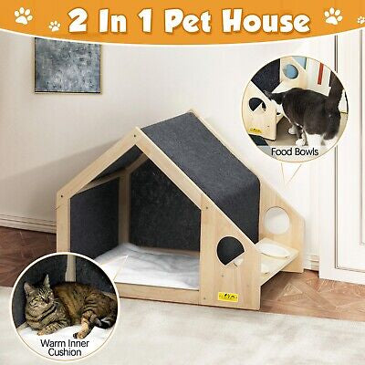 Pet Dog House Cat House Wooden Kennel Feeding Food Bowels Indoor Shelter Medium