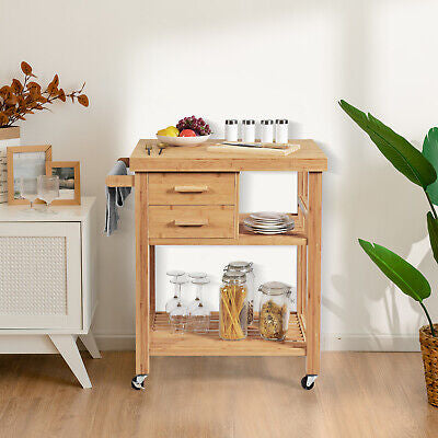 Kitchen Island Cart Bamboo Rolling Trolley Cart Drawers Shelves