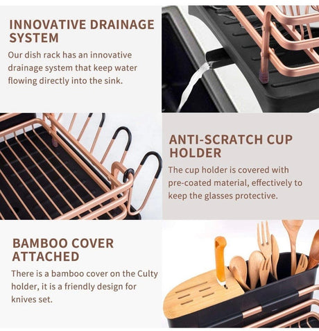 Aluminium Dish Drying Rack, Never Rust Dish Rack with Removable Cutlery Holder &amp;Cup Holder (Rose Gold)