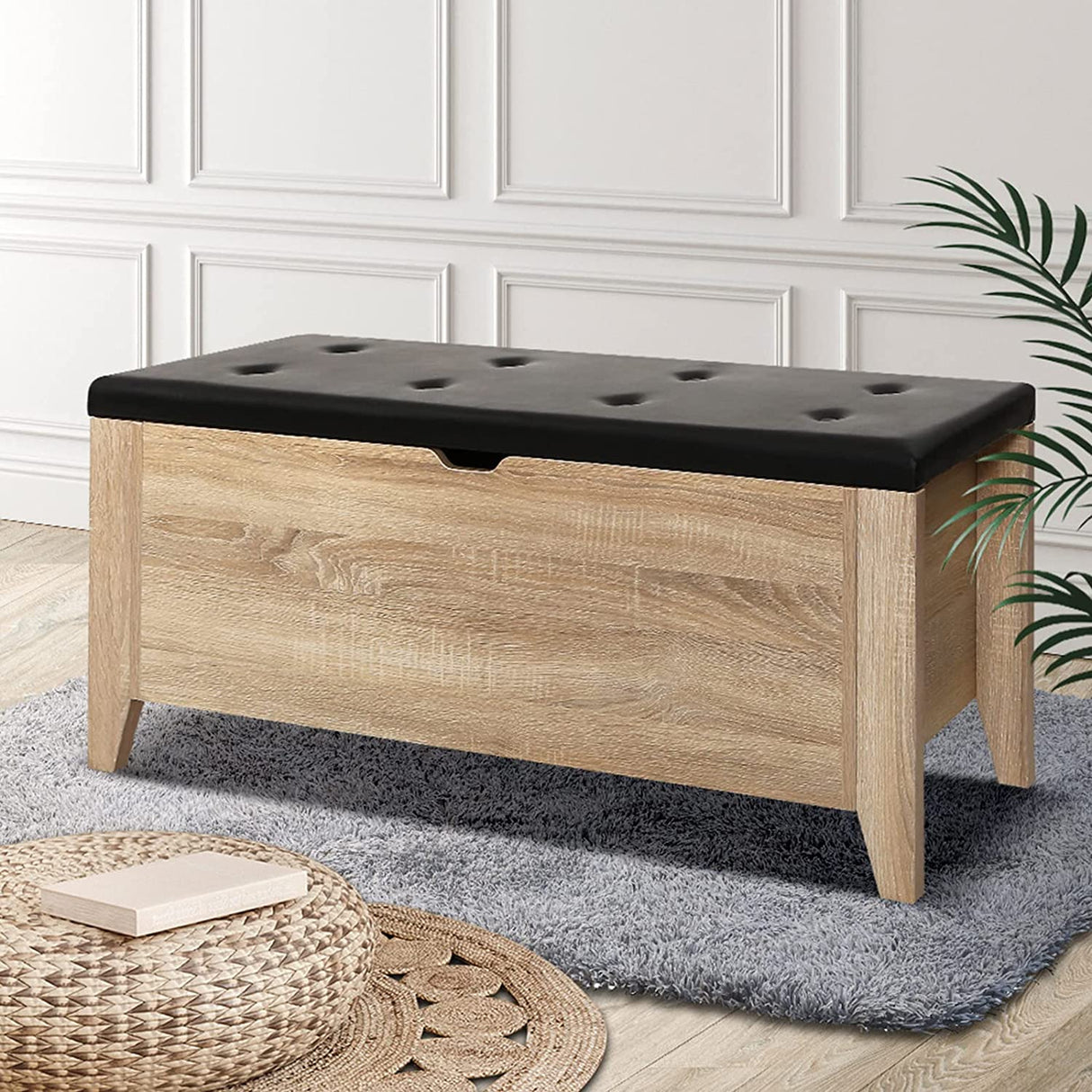 Artiss Storage Ottoman Faux Leather Wooden Blanket Box, Oak