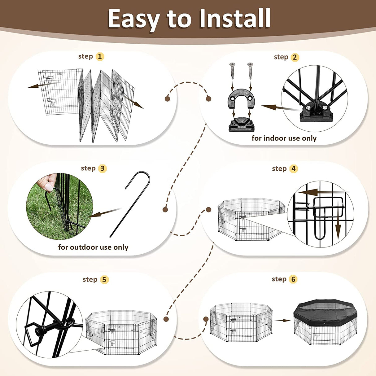 Foldable Metal Pet Playpen with Top Cover, Portable Heavy Duty Wire Exercise Pen for Dogs/ Cats/ Chicks/ Rabbits, Indoor/ Outdoor 8 Panel Pet Fence