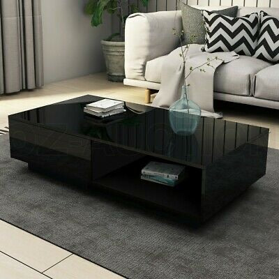 Modern Coffee Table Storage Drawer Shelf Cabinet High Gloss Furniture Black