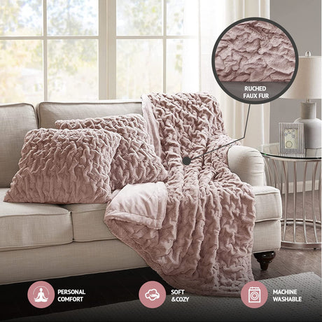 Comfort Spaces Ruched Faux Fur Plush 3 Piece Throw Blanket Set