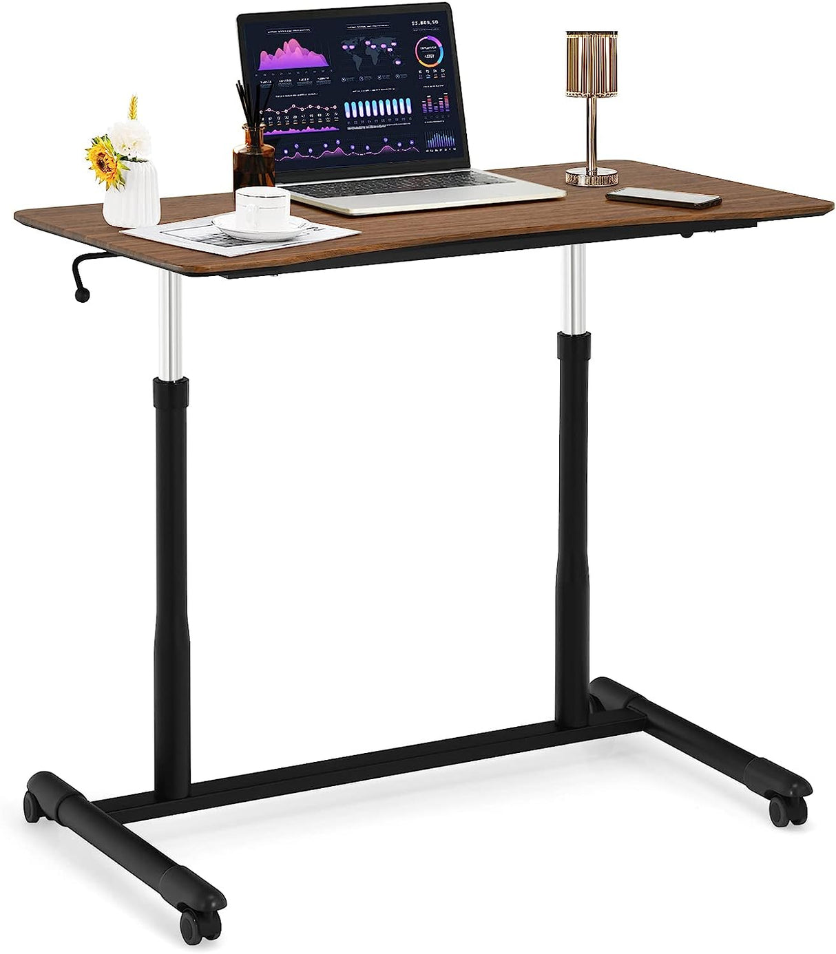 Mobile Height Adjustable Standing Desk, Compact Pneumatic Sit to Stand Up Computer Desk w/ Lockable Wheels, Ergonomic Rolling Laptop Table w/ Steel Frame for Home Office (Brown)