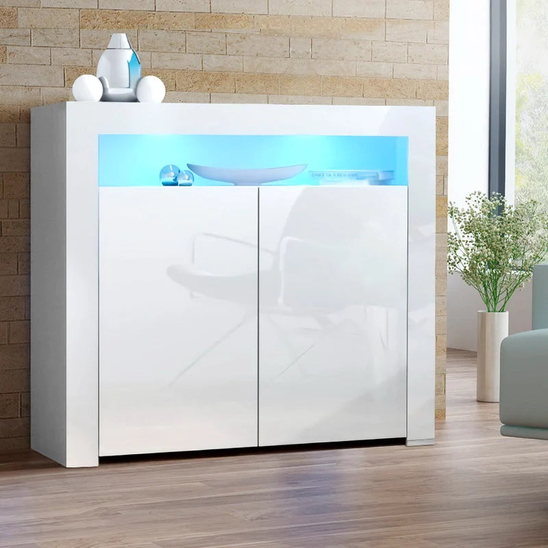 Buffet Sideboard LED High Gloss Storage Cabinet Cupboard 2 Doors White