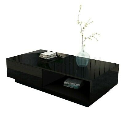 Modern Coffee Table Storage Drawer Shelf Cabinet High Gloss Furniture Black