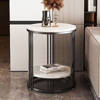 2-Tier Black Marble Side Table Round Coffee Table Nightstand Jewellery Storage