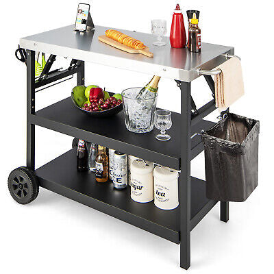 3-tier Mobile Food Prep Cart Table Outdoor Dining Cart w/Adjustable Shelf & Rack