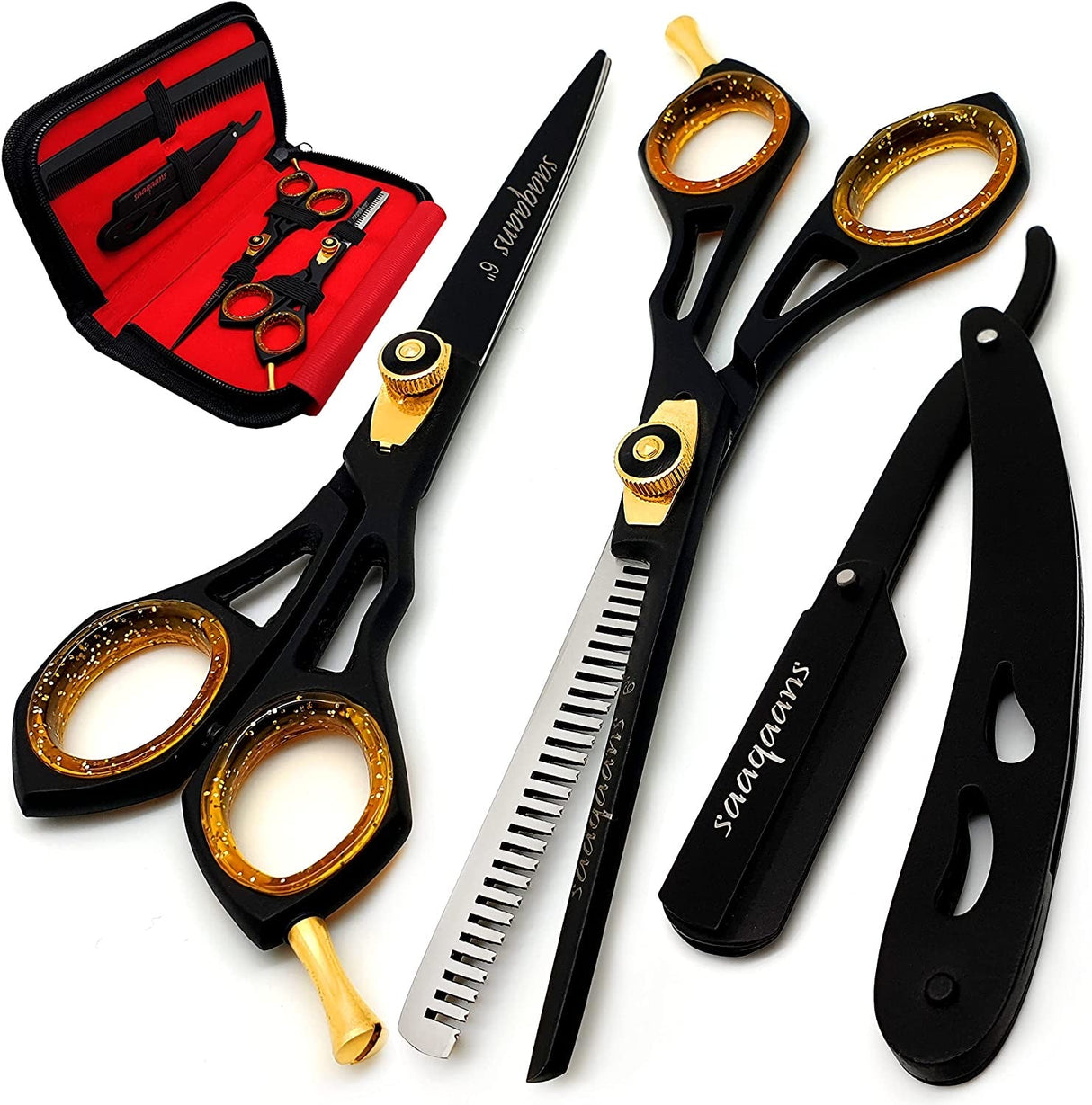 Professional Hair Cutting Scissors Kit - Haircut Scissor for Barber/Hairdresser/Hair Salon + Thinning/Texture Hairdressing Shear for Beautician + Straight Edge Razor + 10 Double Edge Blades with Pouch/Case