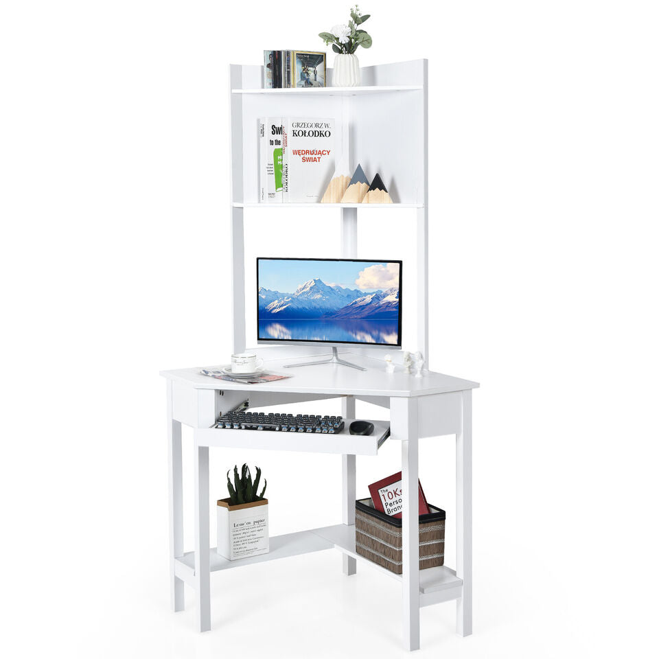 Corner Computer Desk Triangle Study Desk w/ Hutch & Keyboard Tray White