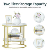 2-Tier White Real Marble Side Table Sofa Coffee End Table W/ Storage Shelf Round