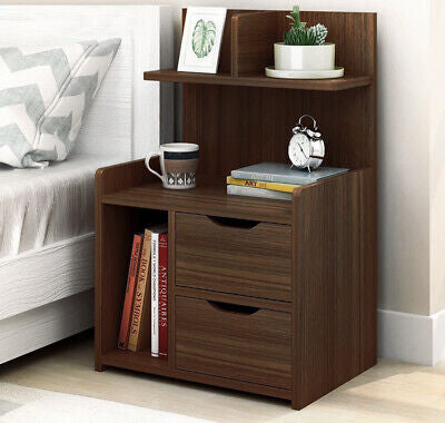 Tall Bed Side Table with Chest of Drawers and Shelf (Black Walnut)